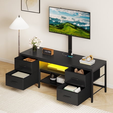 Homiflex TV Stand with Mount, 59'' LED Entertainment Center w/Power Outlet & Fabric Drawers, Media Console TV Mount for 26''-65'' TVs, for Living Room, Bedroom, Black