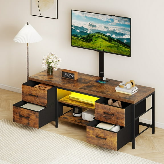 Homiflex TV Stand with Mount, 59'' LED Entertainment Center w/Power Outlet & Fabric Drawers, Media Console TV Mount for 26''-65'' TVs, for Living Room, Bedroom, Rustic Brown