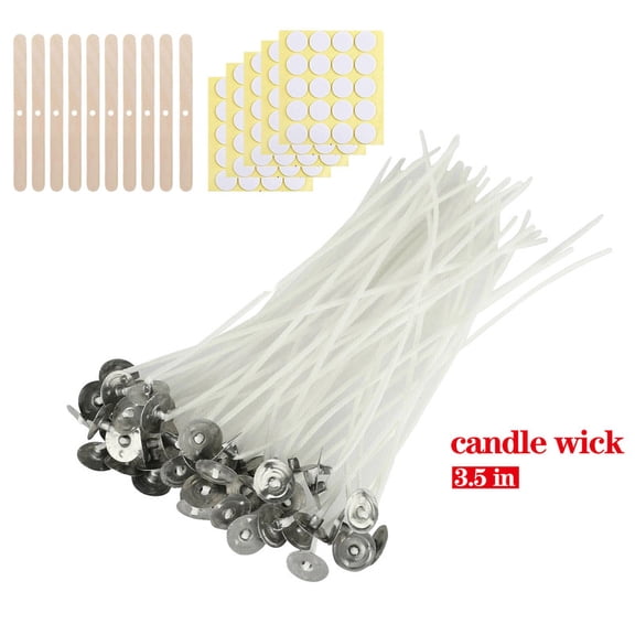 Homirary 120 Pieces Cotton Candle Wick (3.5 in), with 100Pcs Candle Wick Stickers and 10 Pcs Wooden Candle Wick Centering Device for Candle Making, DIY