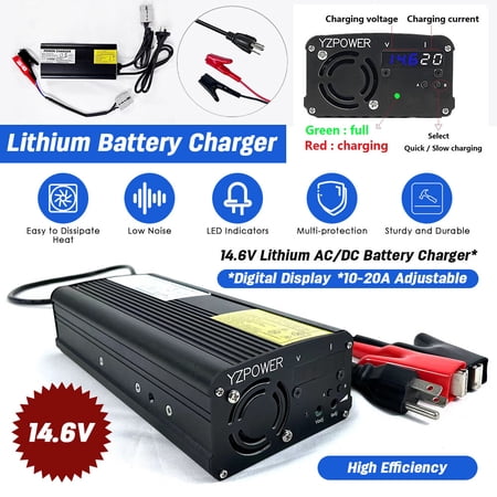 Homitt 14.6V 10-20A Lithium Battery Charger Digital Display Current Adjustable Anderson Headband Adapter Cable for 12V Lithium Iron LiFePO4 Battery