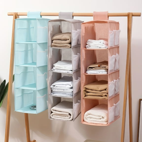 4-Shelf Portable Hanging Clothes Storage Bag, Hanging Closet Organizer and Storage with Side Pockets for Bedroom, Clothing Room, 1Pack Light Gray