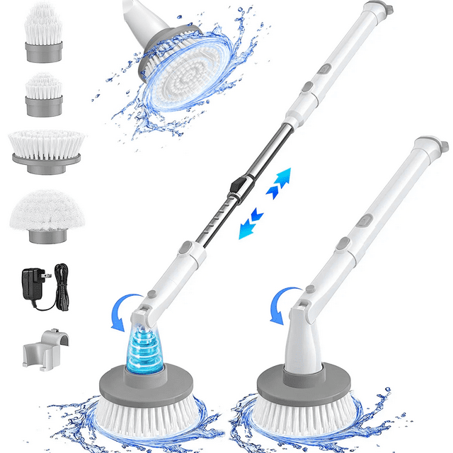 Homitt Electric Spin Scrubber, 1.5H Power Cleaning Brush 2 Speed Extendable for Shower Bathroom Bathtub Tile Sink Corners, Stainless Steel+Superior ABS, Durable Stiff Bristles
