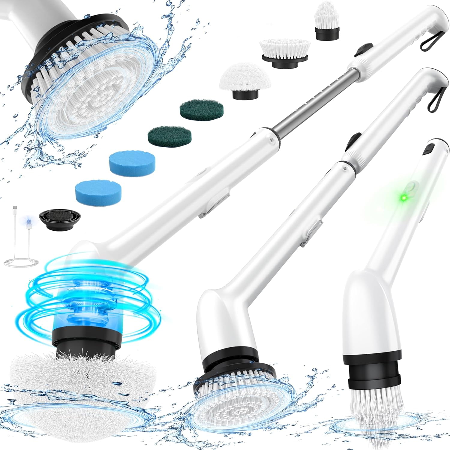 Homitt Electric Spin Scrubber, 2024 New Full-Body IPX7 Waterproof Bathroom Shower Scrubber, Adjustable Handle, 2 Speed & 7 Brushes, USB-C Charging Power Cleaning Brush for Tub Shower Tile Floor