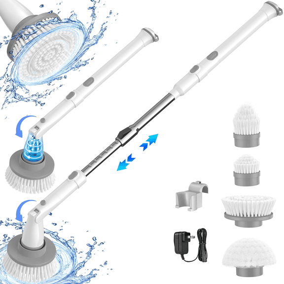 Homitt Electric Spin Scrubber, Cordless Bathroom Scrubber Cleaning Brush 2 Speed with Adjustable Handle & Brush Head Angle for Shower Bathroom Tub Tile