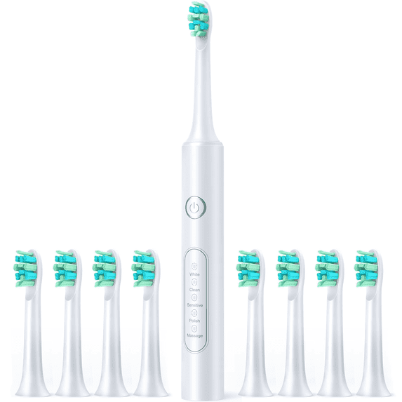 Homitt Electric Toothbrush, 5 Modes & 8 Replaceable Brush Heads, 40000vpm Deep Clean, Electric Toothbrush for Adults Lasts 60 Days, 2 Minute Smart Time, for Travel, Gifts, White