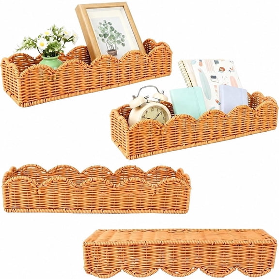 Homivra 4 Set Nursery Book Shelves Scalloped Plastic Artificial Rattan Classroom Wall Shelf 15.8 Inch Wall Mounted Floating Bookshelve, Hanging Boho Wicker Woven Shelf (4, Brown)