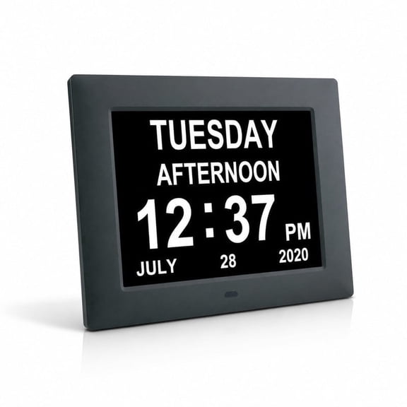 Homivra Clock Digital Clock with Extra Large Unabbreviated Day Calendar Day Date Time Clocks for Elderly Visually Impaired Memory Loss + 8 Alarm Reminders - 7" Black