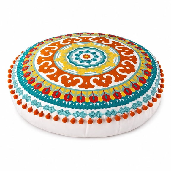 Homivra Embroidered Bohemian Round Floor Pillow,Ethnic Boho Cotton Cushion for Living Room Bedroom Balcony Yoga Room Car Office Outdoor,Home Decor Colorful Pouf Ottoman (18" Approx)
