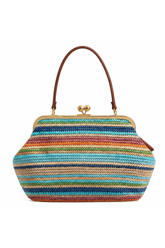 Striped Straw Kiss Lock Handbag,Summer Woven Clutch Purse with Leather Top Handle,Colorful Rainbow Striped Beach Bag,Casual Vintage Shoulder Handbag for Women Vacation Daily Travel