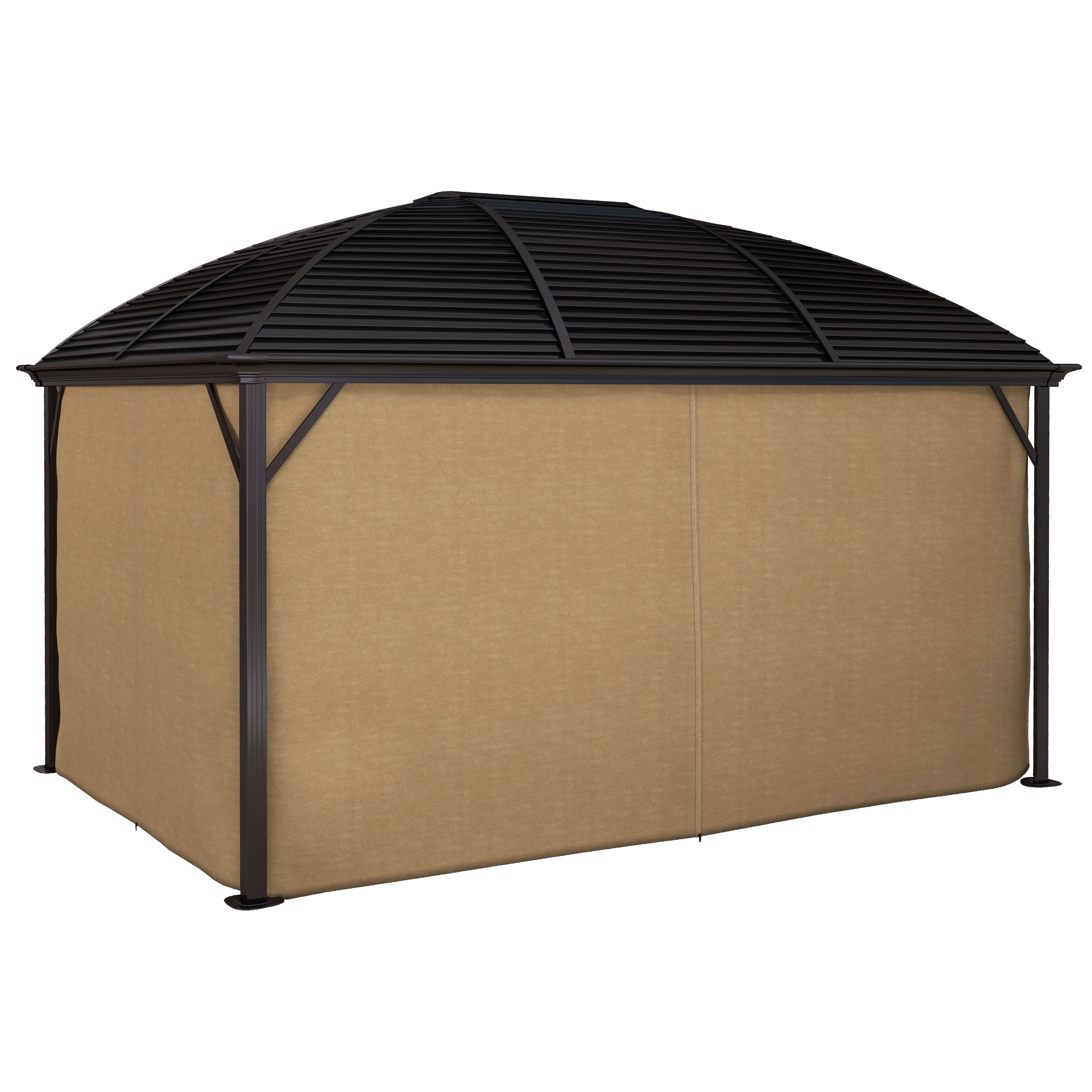 Homiyad 10' x 14' Hardtop Gazebo with Curtains, Netting, Pavilion with Steel Roof Ceiling Hook for Garden Patio, Brown