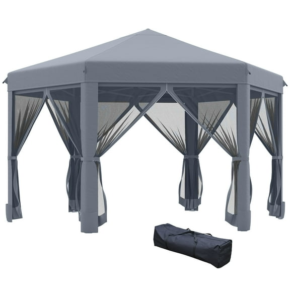 Homiyad 13' x 13' Heavy Duty Pop Up Canopy with Hexagonal Shape, 6 Mesh Sidewall Netting, 3-Level Adjustable Height and Strong Steel Frame, Grey