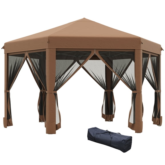 Homiyad 13x13 Pop Up Canopy, Hexagonal, Brown, Mesh Sidewalls, Adjustable Height, Steel Frame | Aosom.com