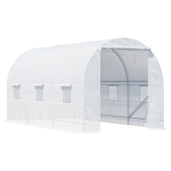Homiyad 15x7x7 High Tunnel Greenhouse, with 6 Roll-up Windows & Roll Up Door, 140 GSM PE Cover, Steel Frame, for Planting, Garden, White | Aosom.com