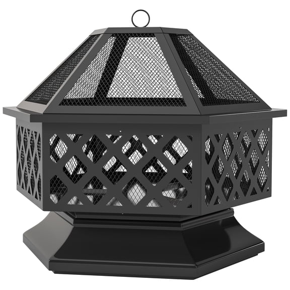 Homiyad 28" Outdoor Fire Pit with Grill Hexagon Fireplace Wood Burning Firepit with Cooking Grate, Fire Poker, Spark Screen Lid