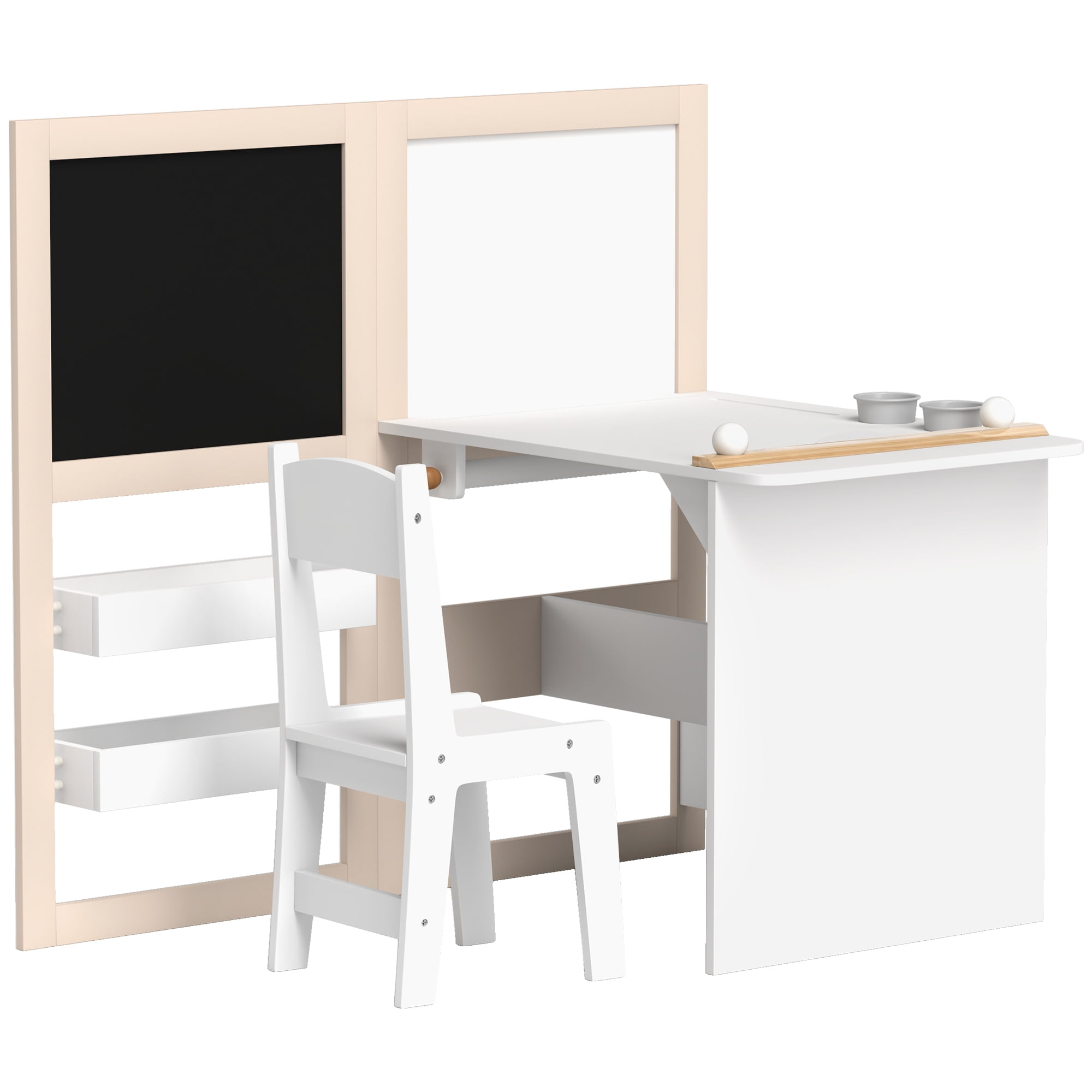Homiyad 3 in 1 Kids Table and Chair Set with Storage, Whiteboard, Blackboard & Roll Paper for 3-8 Years, White