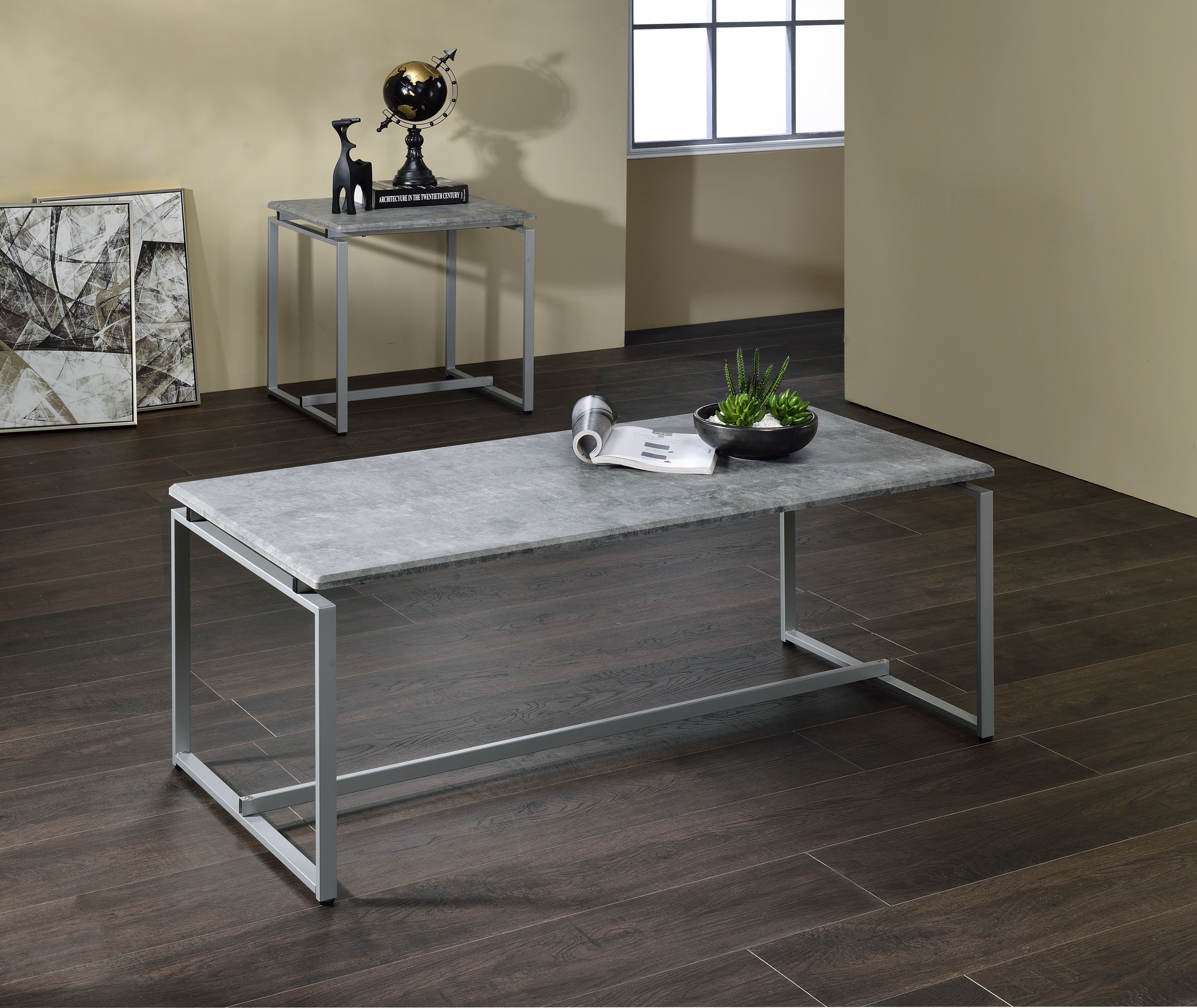 52'' Modern Faux Concrete and Silver Coffee Table Set
