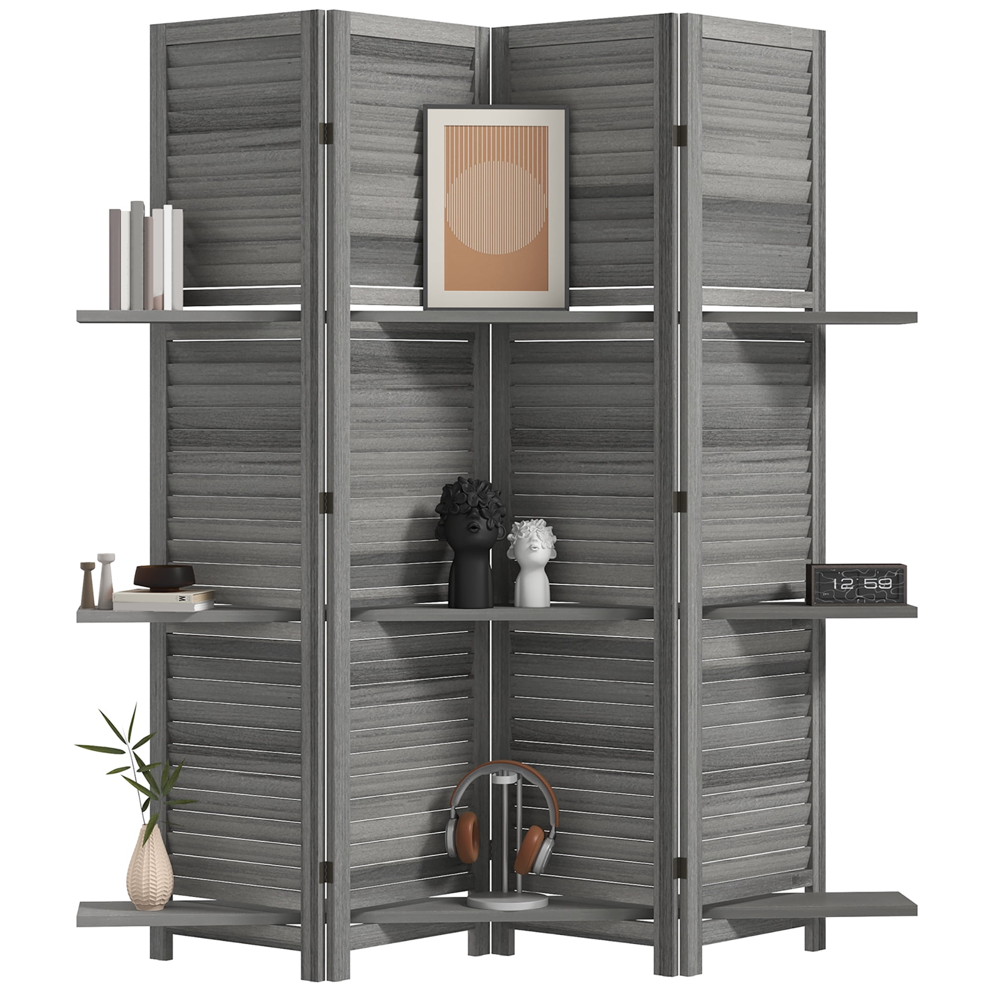 HOMCOM 4 Panel Privacy Screen, Room Divider with 3 Shelves Distressed White