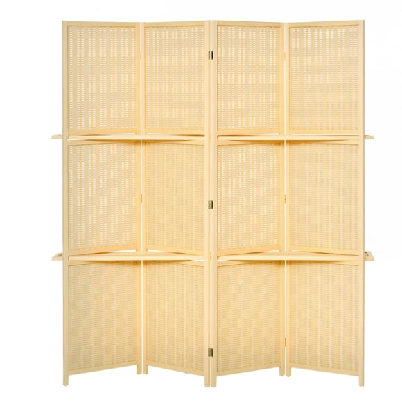 Homiyad 4-Panel Folding Room Divider, 6 Ft Freestanding Bamboo Privacy Screen Panel with Storage Shelves for Bedroom or Office, Natural Wood Color