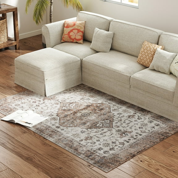Homiyad 4x6 Area Rug, Vintage Machine Washable Rug, Non-Slip Floor Carpet for Living Room, Bedroom, Dining Room, Tan