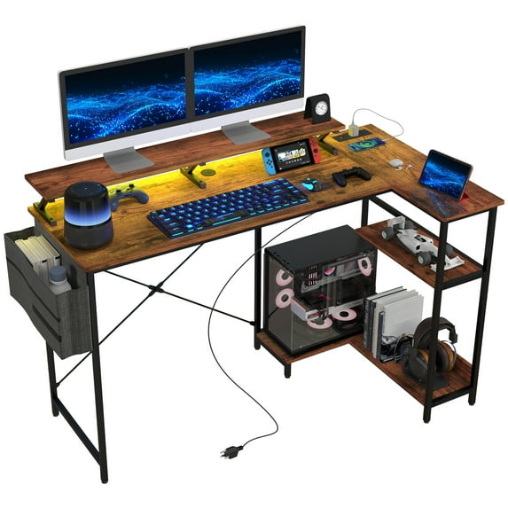 Homiyad 58" Reversible L Shaped Computer Desk, Corner Desk with Monitor Stand, Power Outlets and LED Lights, Rustic Brown