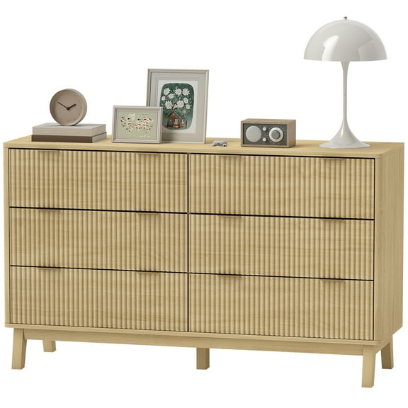 Homiyad 6 Drawer Double Dresser for Bedroom, Fluted Chest of Drawers with Gold Finger Pulls and 5 Wood Legs, Natural Wood