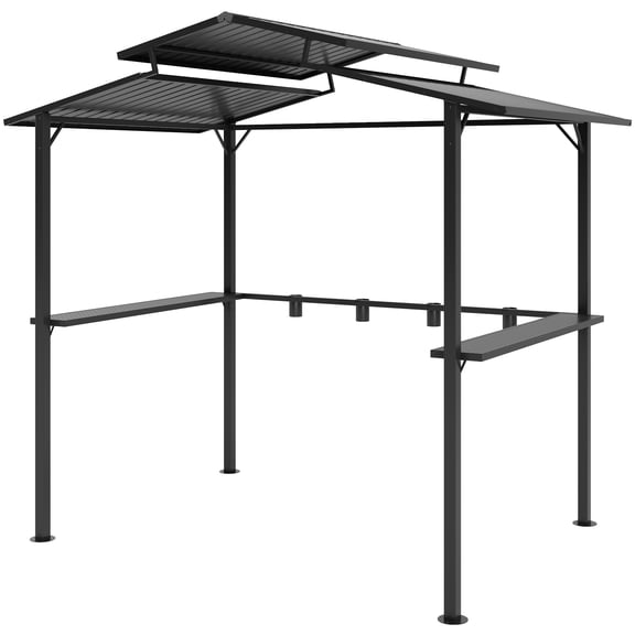 Homiyad 8 x 5ft Hardtop Grill Gazebo with Double Metal Roof, 2 Side Shelves and 4 Cup Holders for Patio Backyard Lawn Deck