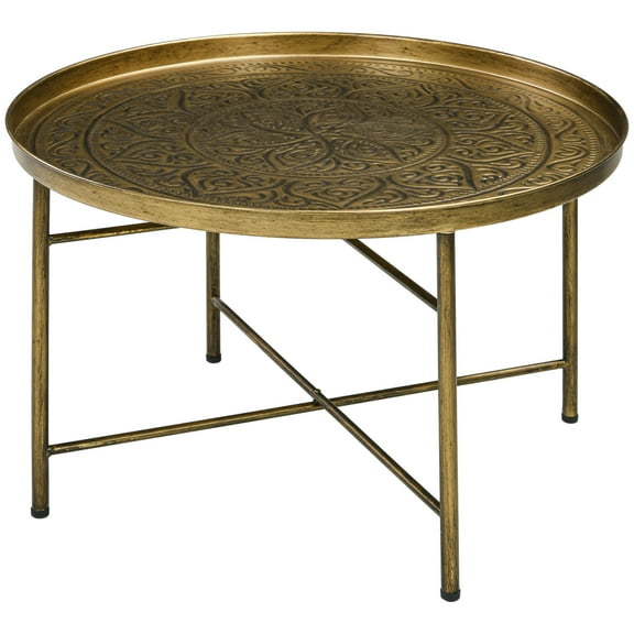 Homiyad Coffee Table for Living Room, 24" Round Center Table with Hammered Tray Top and Metal Frame for Bedroom, Gold