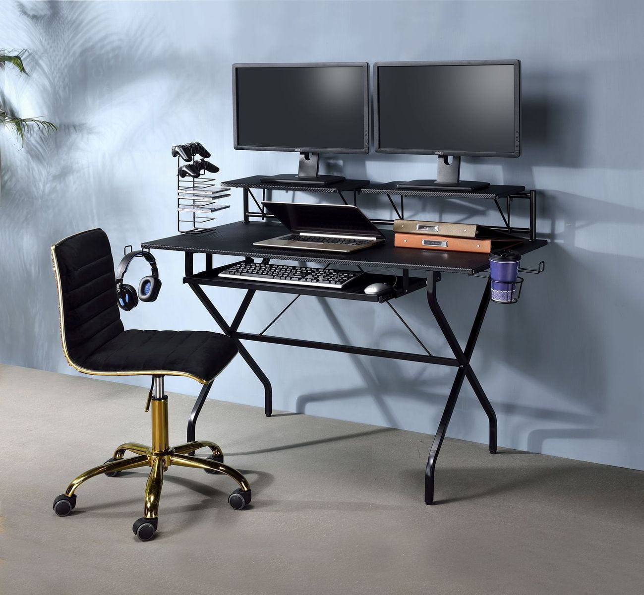 Hartman 53" Black Wood Computer Desk with Hutch and Cup Holder