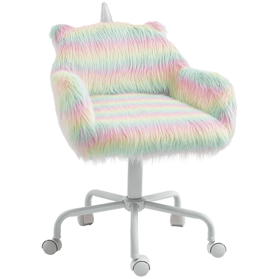 Fluffy Unicorn Vanity Office Chair with Rainbow Swivel Mid-Back Armrest and Nylon Casters Colorful