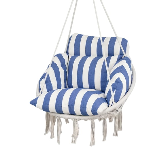 Homiyad Hammock Swing Chair, Macrame Hanging Chair with Large Cushion, Chain, Steel Frame for Indoor Outdoor Use, Blue and White