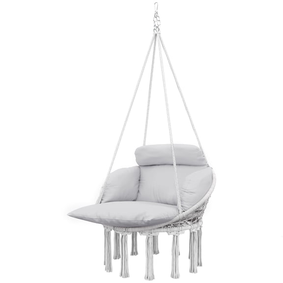 Homiyad Hammock Swing Chair, Macrame Hanging Chair with Large Cushion, Chain, Steel Frame for Indoor Outdoor Use, Gray