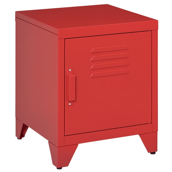Homiyad Industrial End Table, Living Room Side Table with Locker-Style Door and Adjustable Shelf, Red