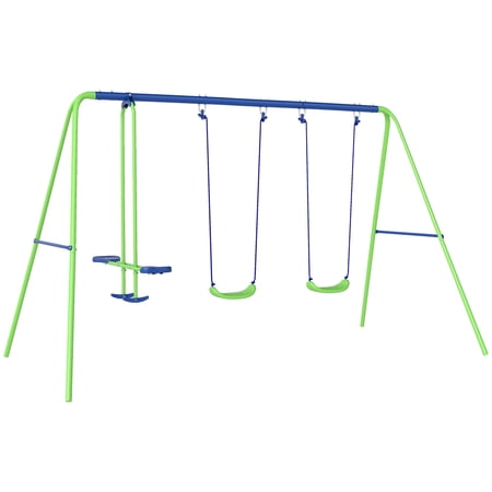 Homiyad Kids Metal Swing and Seesaw Set, Adjustable Height, Double Swing Seats, Backyard Play, Children Over 3 Years Old, Blue | Aosom.com
