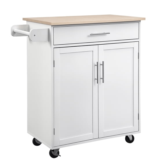 Homiyad Kitchen Island Cart Rolling Trolley Cart with Drawer, Storage Cabinet & Towel Rack, White