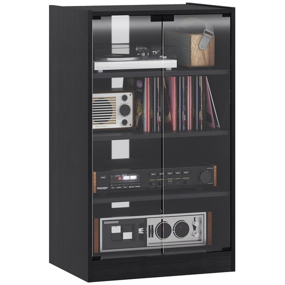 Homiyad Media Cabinet, 4-Tier Stereo Cabinet, Record Player Stand with Vinyl Record Storage, Adjustable Shelves, Tempered Glass Doors and Cable Management, Distressed Black