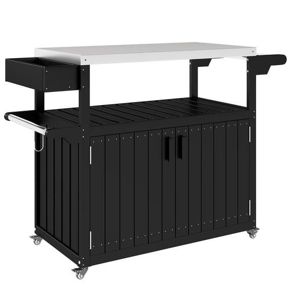 Homiyad Outdoor Bar Cart with Storage, Stainless Steel Outdoor Bar Table Top, Wheeled HDPE Kitchen Island for Food Prep, Black