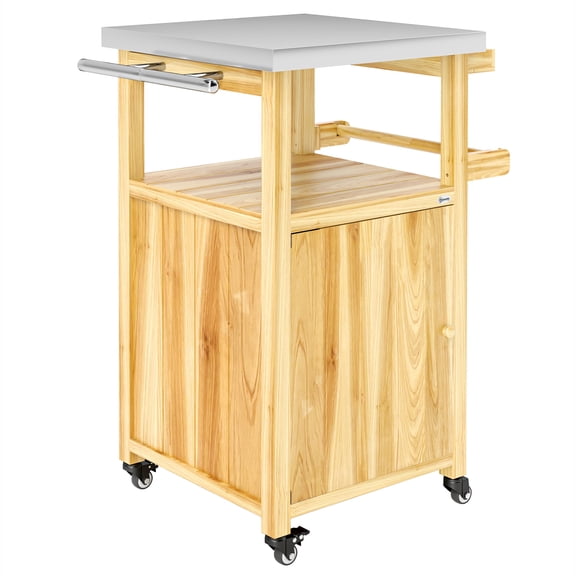 Homiyad Outdoor Grill Cart w/ Stainless Steel Top, Solid Wood Outdoor Kitchen Island w/ Wheels, Integrated Hole, Natural Wood