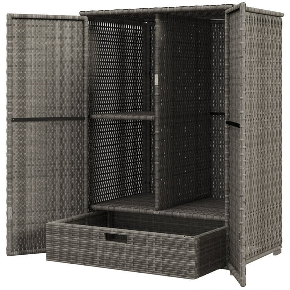Homiyad Outdoor PE Rattan Wicker Towel Rack, Pool Toy Cabinet, Hot Tub Accessory Storage, Freestanding Cabinet w/ 2 Doors & Drawer for Spa, Dark Gray