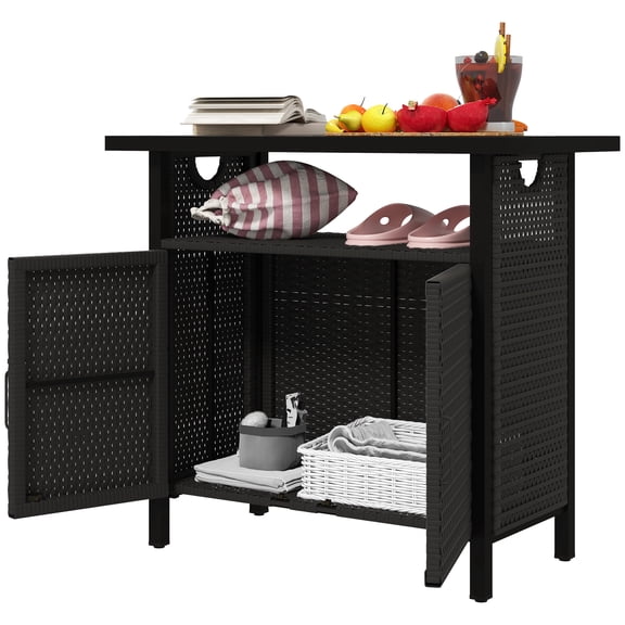 Homiyad Outdoor Pool Towel Storage Cabinet Organizer, Pool Towel Holder with Shelf and Cabinet, Pool Valet with Weather-Resistant PE Rattan and Steel Frame, Espresso