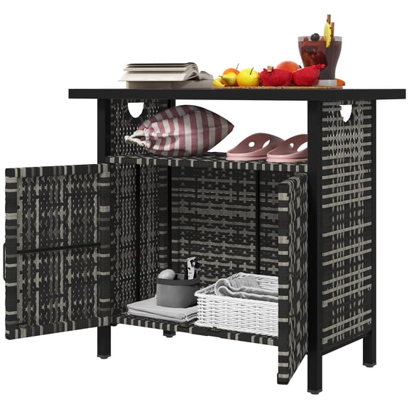 Homiyad Outdoor Pool Towel Storage Cabinet Organizer, Pool Towel Holder with Shelf and Cabinet, Pool Valet with Weather-Resistant PE Rattan and Steel Frame, Mixed-Gray