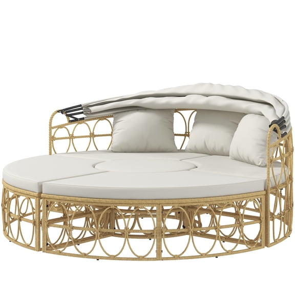 Homiyad Patio Furniture Set, Round Outdoor Daybed with Retractable Canopy, Hollow Wicker PE Rattan Sectional Sofa with Cushions for Pool, Lawn, Beige