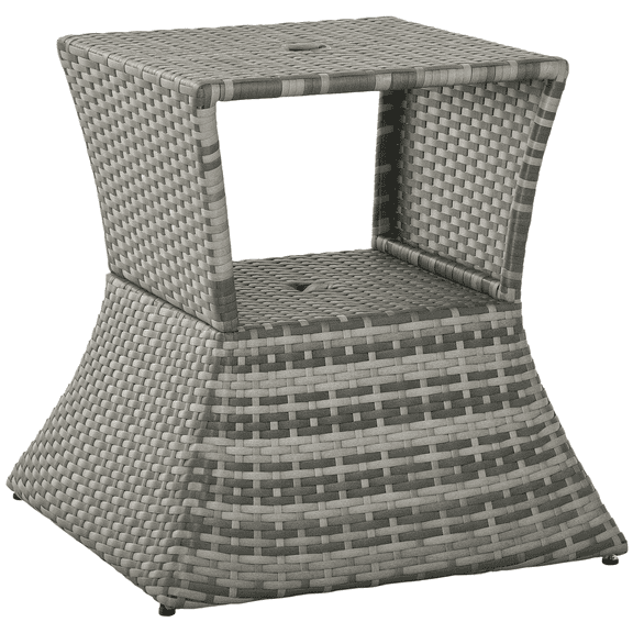 Homiyad Rattan Tea Bistro Side Table with Umbrella Hole, 2-Tier Storage Shelf, Gray, for Patio & Backyard | Aosom.com