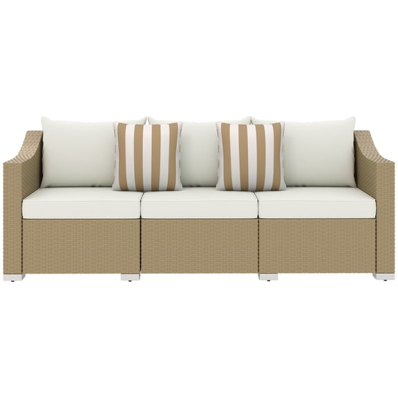 Homiyad Rattan Wicker 3 Seater Patio Couch with Cushions, 2 Throw Pillows, Outdoor Furniture Rattan Sofa, Cream White