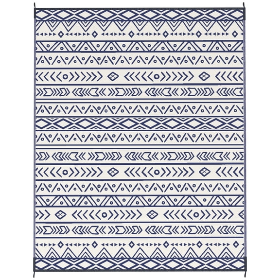 Homiyad Reversible Outdoor Rug, Waterproof Plastic Straw with Carry Bag, 8' x 10', Blue & White Geometric