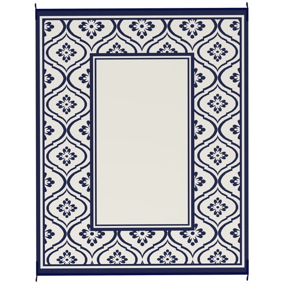 Homiyad Reversible Outdoor Rug, Waterproof Plastic Straw with Carry Bag, 8' x 10', Blue & White Gourd Border