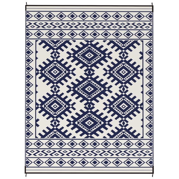 Homiyad Reversible Outdoor Rug, Waterproof Plastic Straw with Carry Bag, 9' x 12', Blue & White Rhombus Border