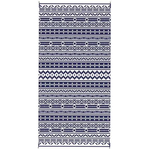 Homiyad Reversible Outdoor Rug, Waterproof Plastic Straw with Carry Bag, 9' x 18', Blue & White Geometric Wall