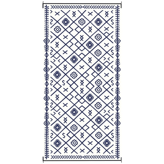 Homiyad Reversible Outdoor Rug, Waterproof Plastic Straw with Carry Bag, 9' x 18', Blue & White Rhombus