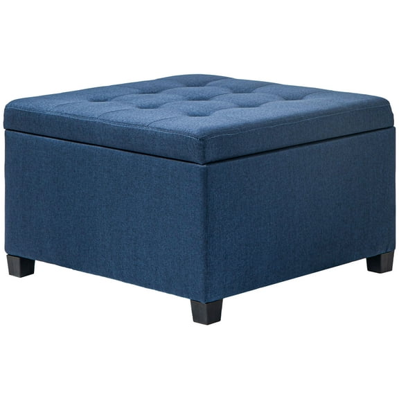 Homiyad Round Storage Ottoman Bench, Button Tufted Ottoman with Flip Top for Living Room, Entryway and Bedroom, Blue