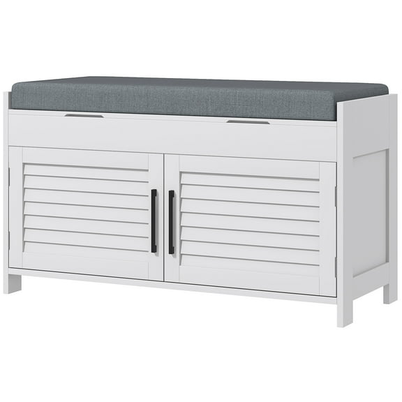 Homiyad Shoe Storage Bench, Modern Entryway Bench with Cushion, Hidden Compartments, Adjustable Shelves, Shutter Doors, White